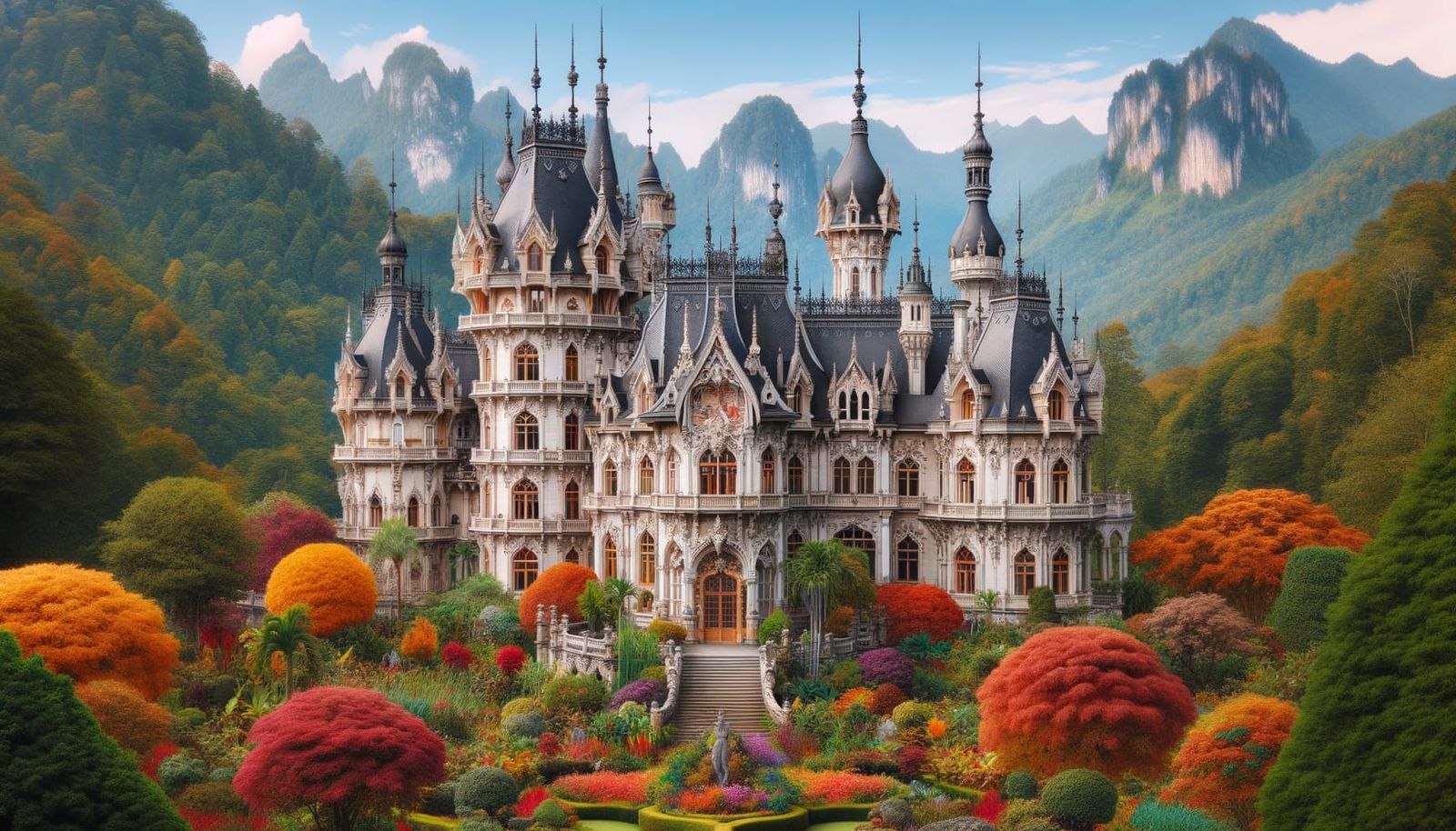 Lush Castle in Autumn Landscape with Majestic Mountains