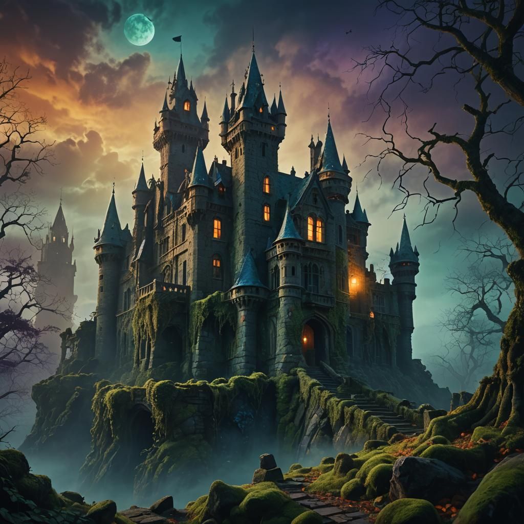 Spooky Abandoned Castle at Misty Night: Fantasy Concept Art