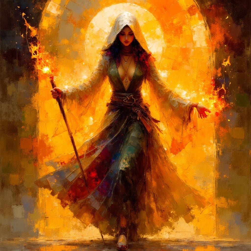 Mystical Woman Dances with Flames in a Cyberpunk Landscape