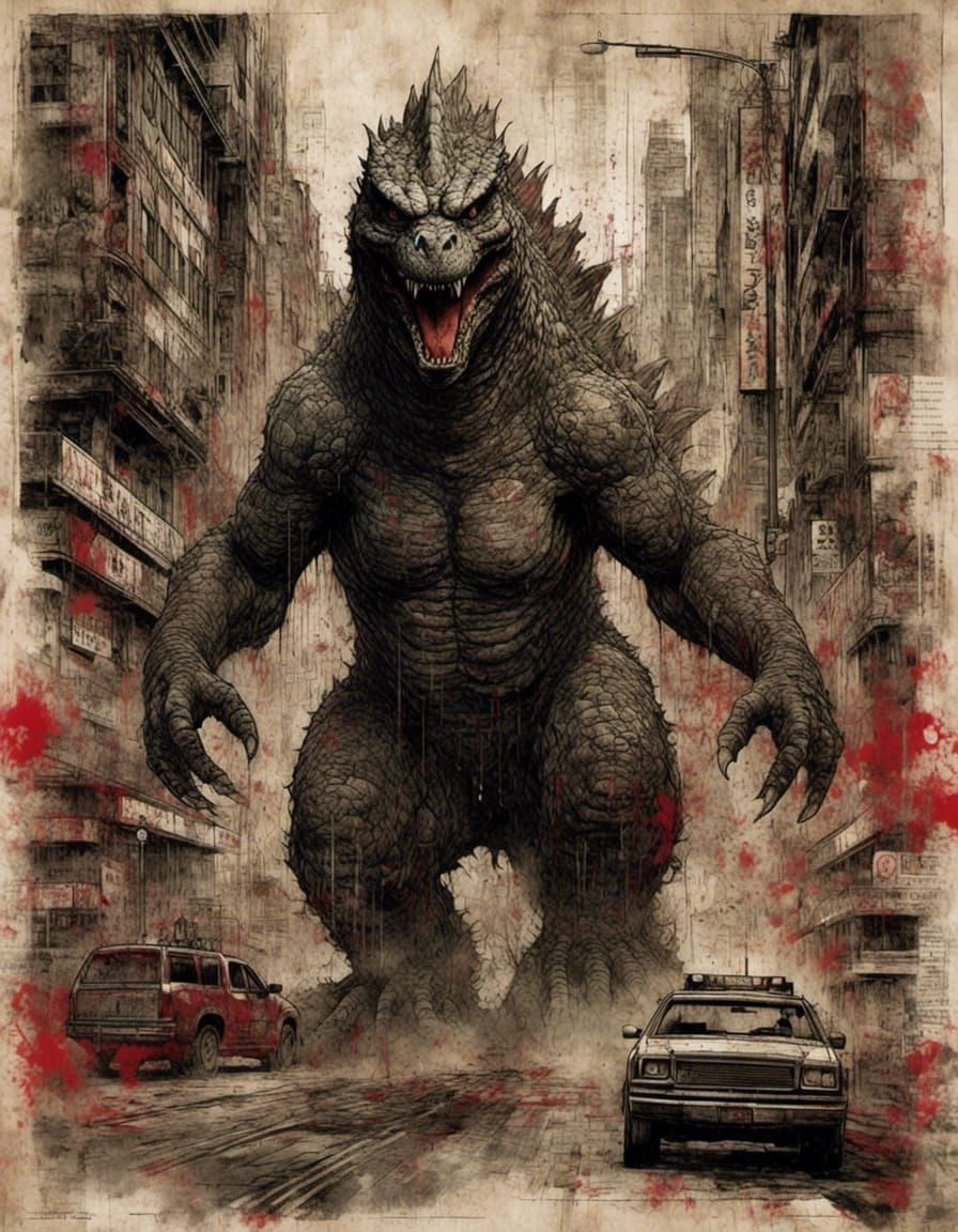 Godzilla rampaging through desolate city streets