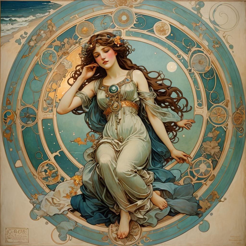 Zodiac Beach Scene in Art Nouveau Style