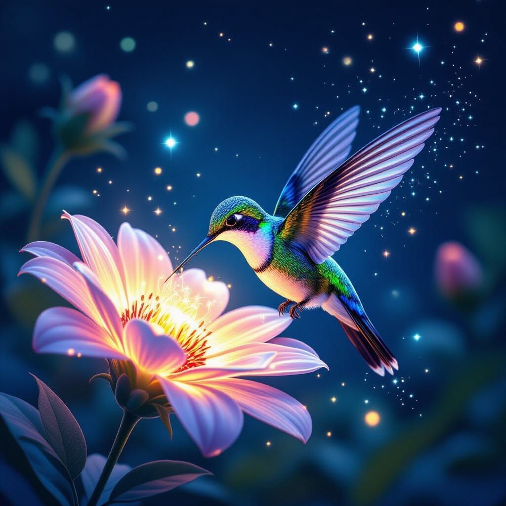 Bioluminescent Hummingbird Sips Nectar From Cosmic Flower