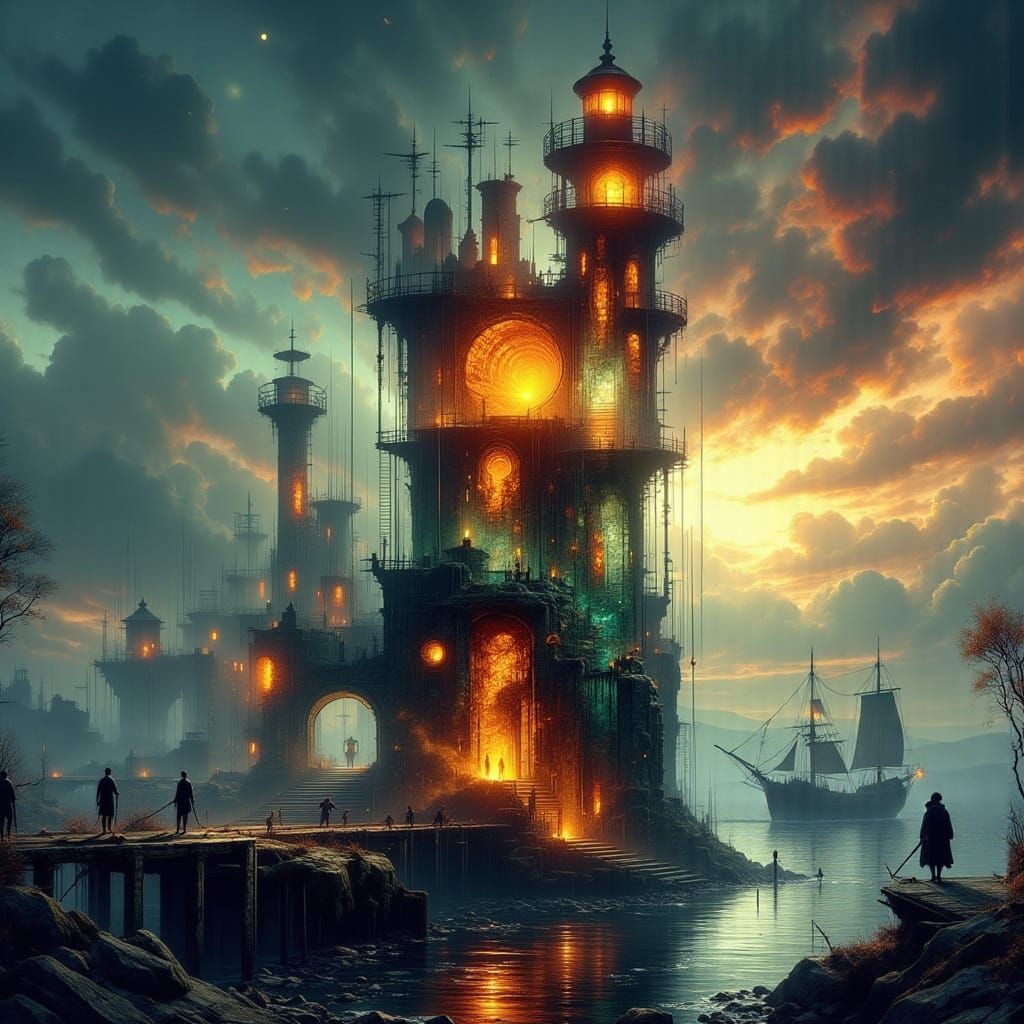 Mythic Harbor at Twilight: Ancient Shipbuilding Scene