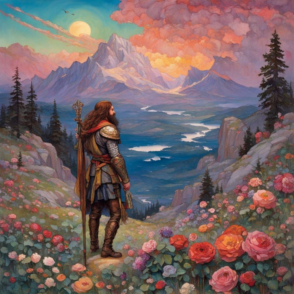 Hero in Rosy Sunset Fantasy Landscape