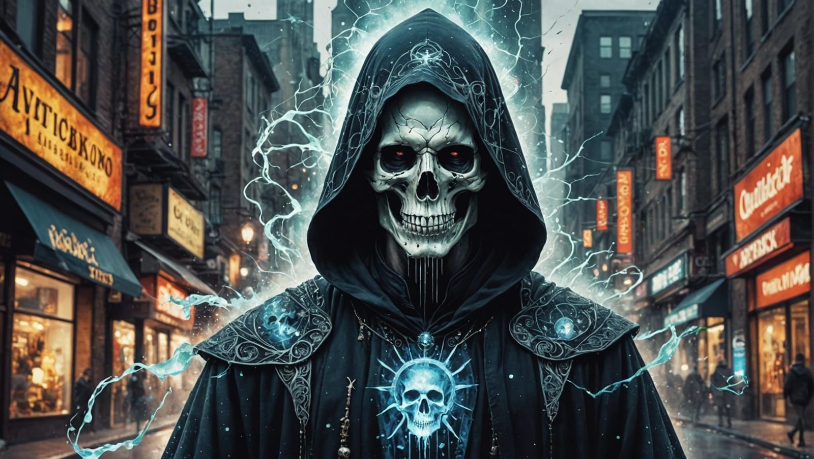 Skull-Headed Sorcerer in City, Watercolor Splash Art