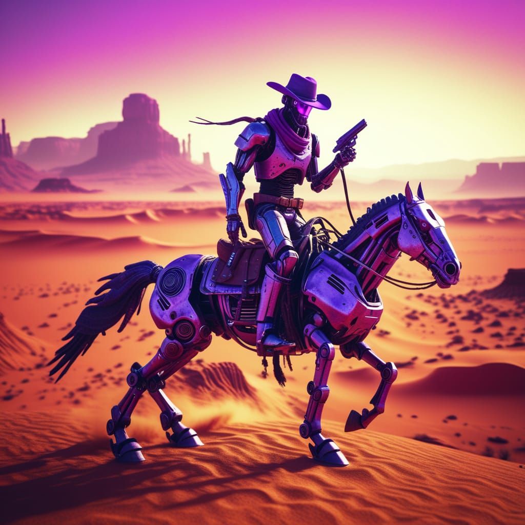 Robot Cowboy Rides Metal Horse on Alien Planet