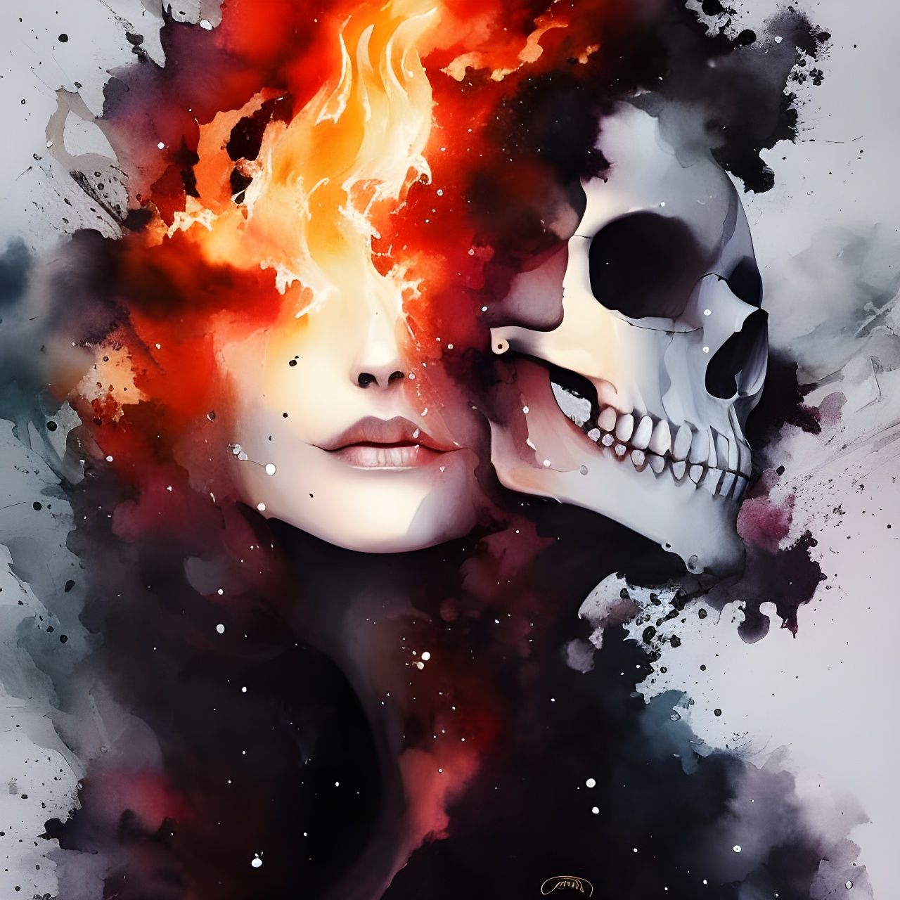 Skull Exploding in Fire: Minimalist Digital Illustration