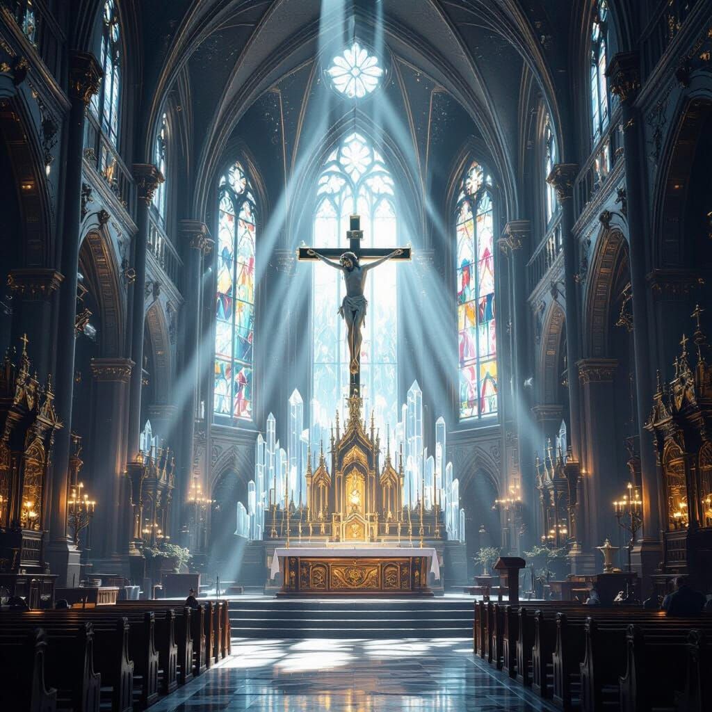 Ornate Church with Crystalline Details and Ethereal Light
