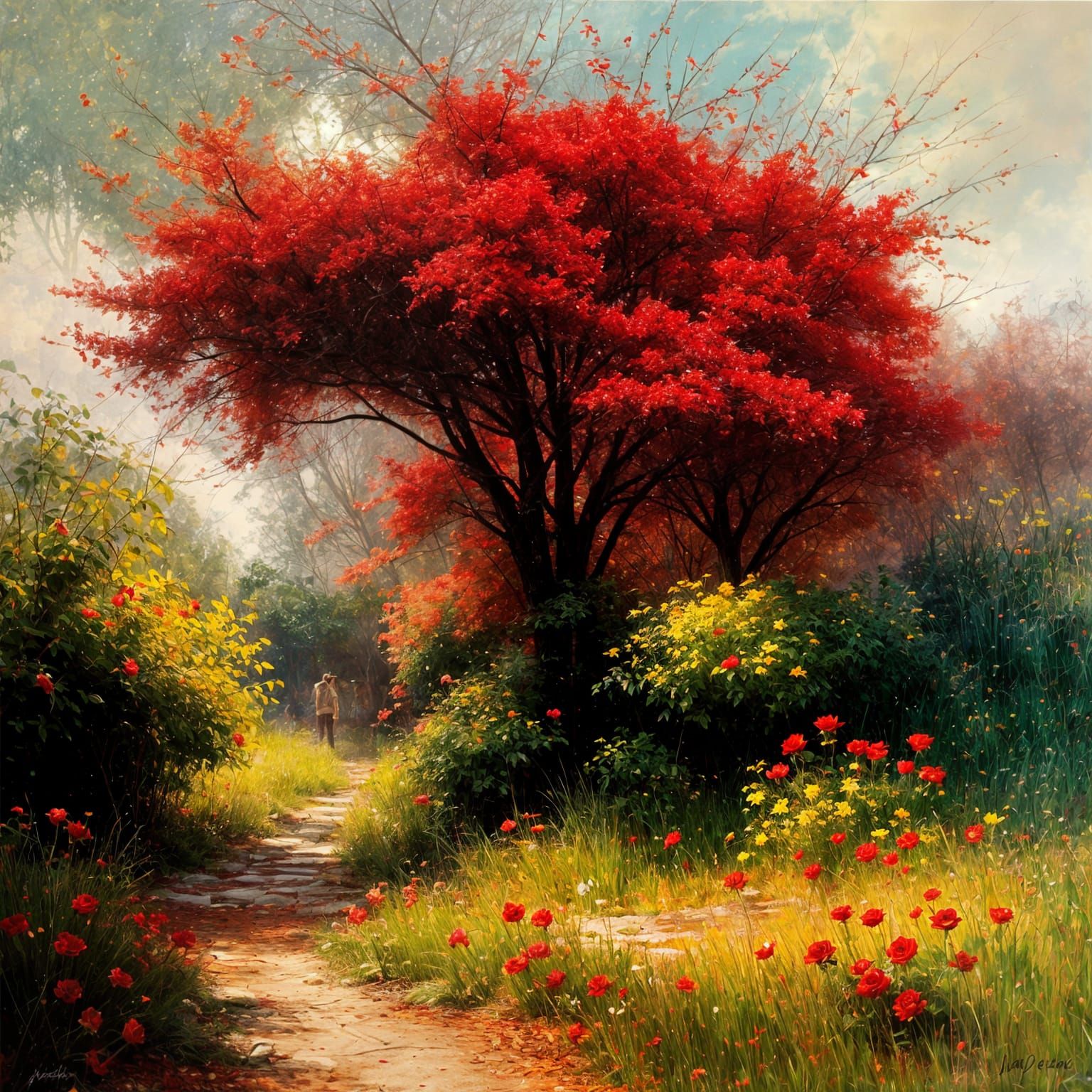 Vibrant Garden Painting with Red Roses and Dramatic Light