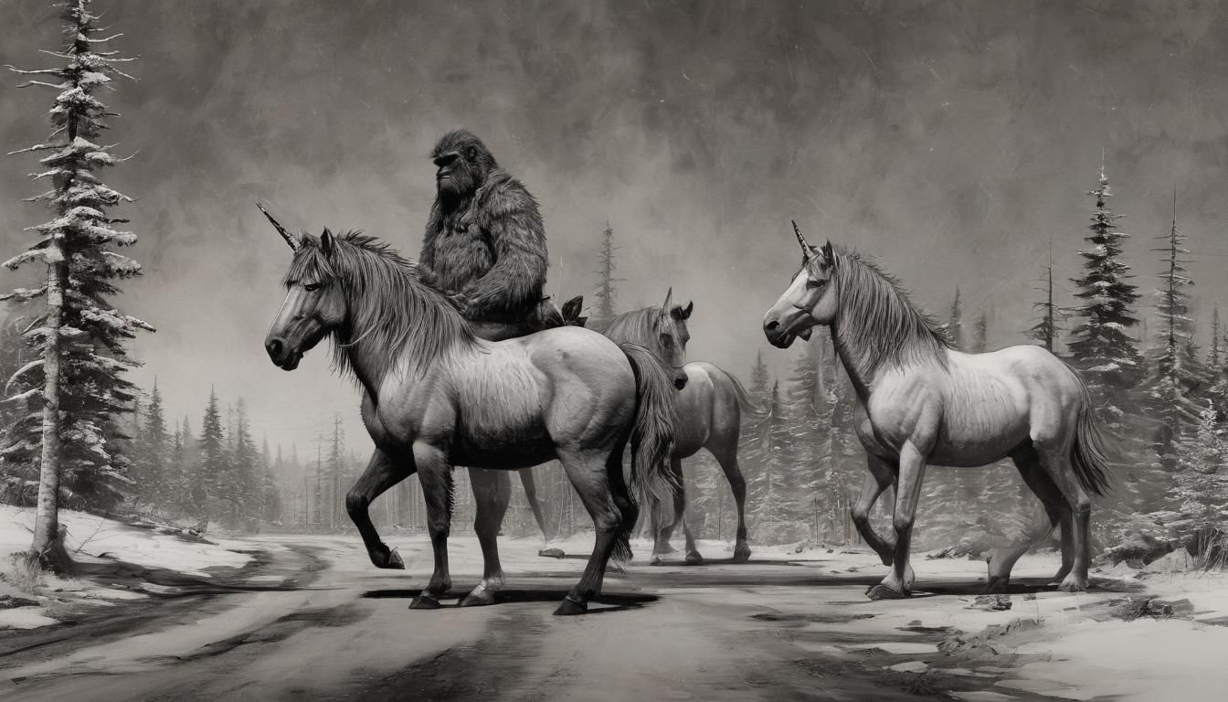 Sasquatch Unicorns Corner Gas cityscape moody Gyotaku comic ...