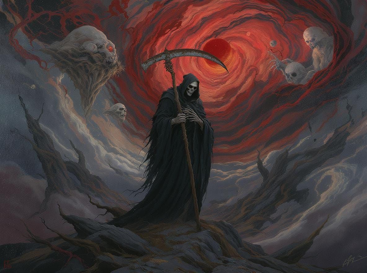 Grim Reaper in Hellish Landscape, Gothic Aesthetic