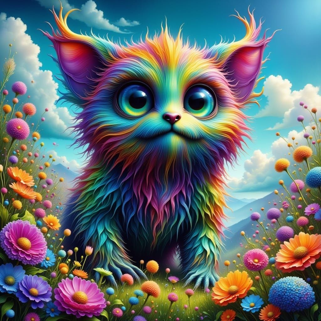 Whimsical Fantasy Creature in a Vibrant Meadow