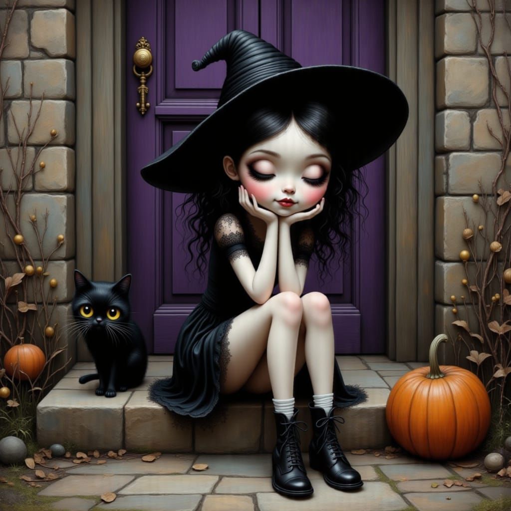 Melancholic Witch with Cat and Pumpkin