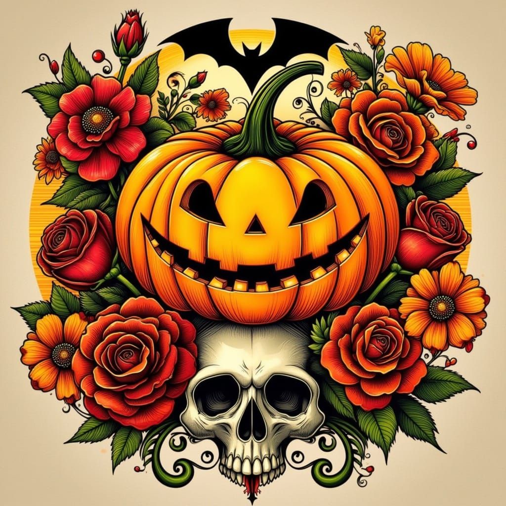 Neo-Traditional Tattoo Art: Floral Jack-o'-Lantern
