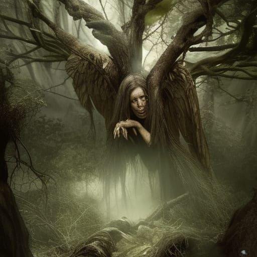 Emaciated Winged Witch in Forest, Fantasy Concept Art