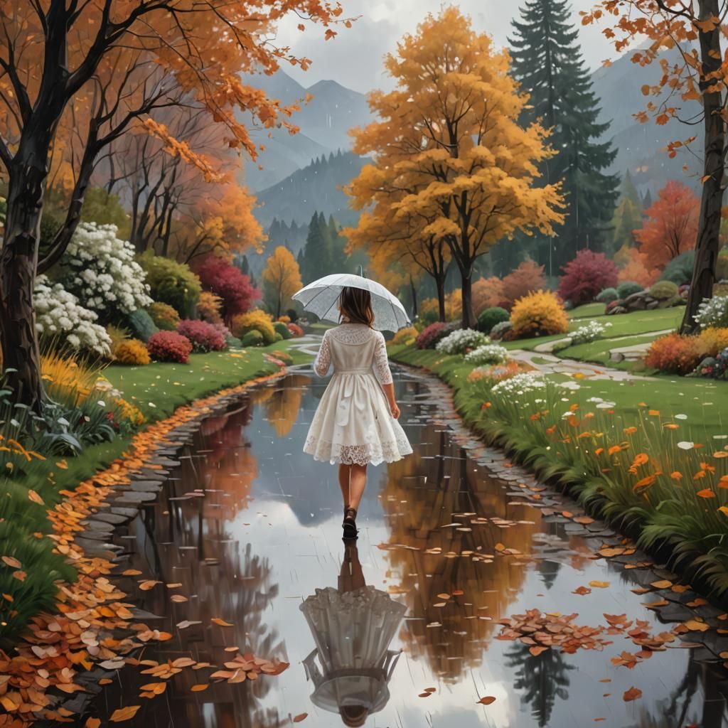 Rainy Day Stroll: Girl with Umbrella in Garden