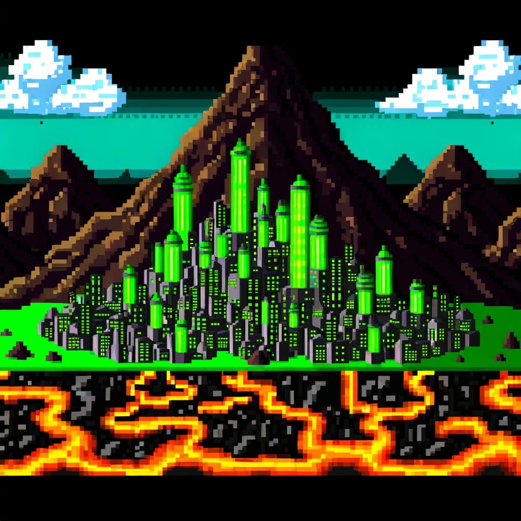 8-Bit Pixel Art City at Sunset on a Rocky Mountain Peak