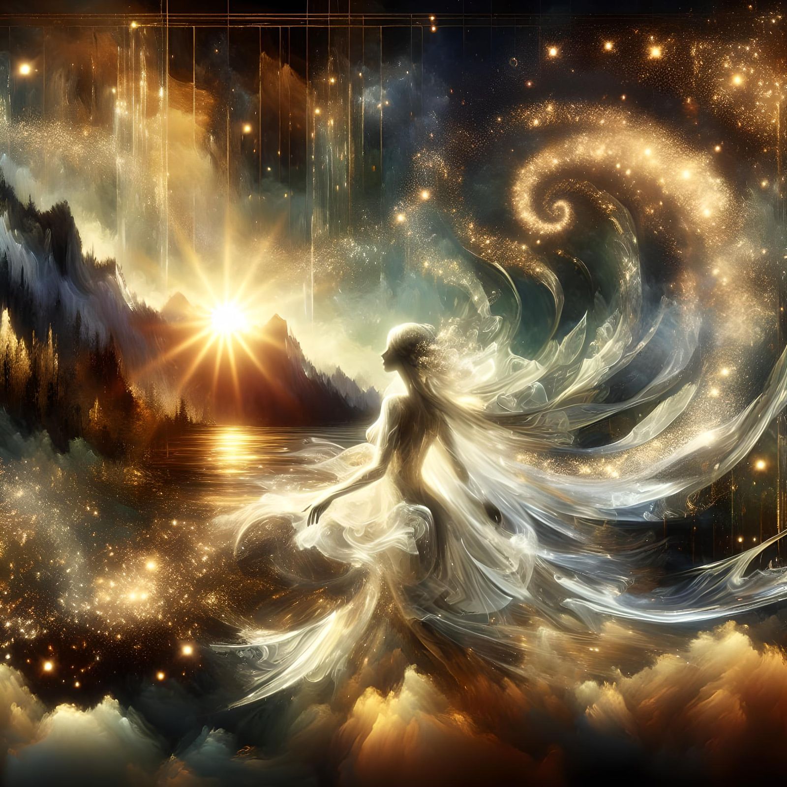 Ethereal Woman Transforms into Stars in Fantasy Realm