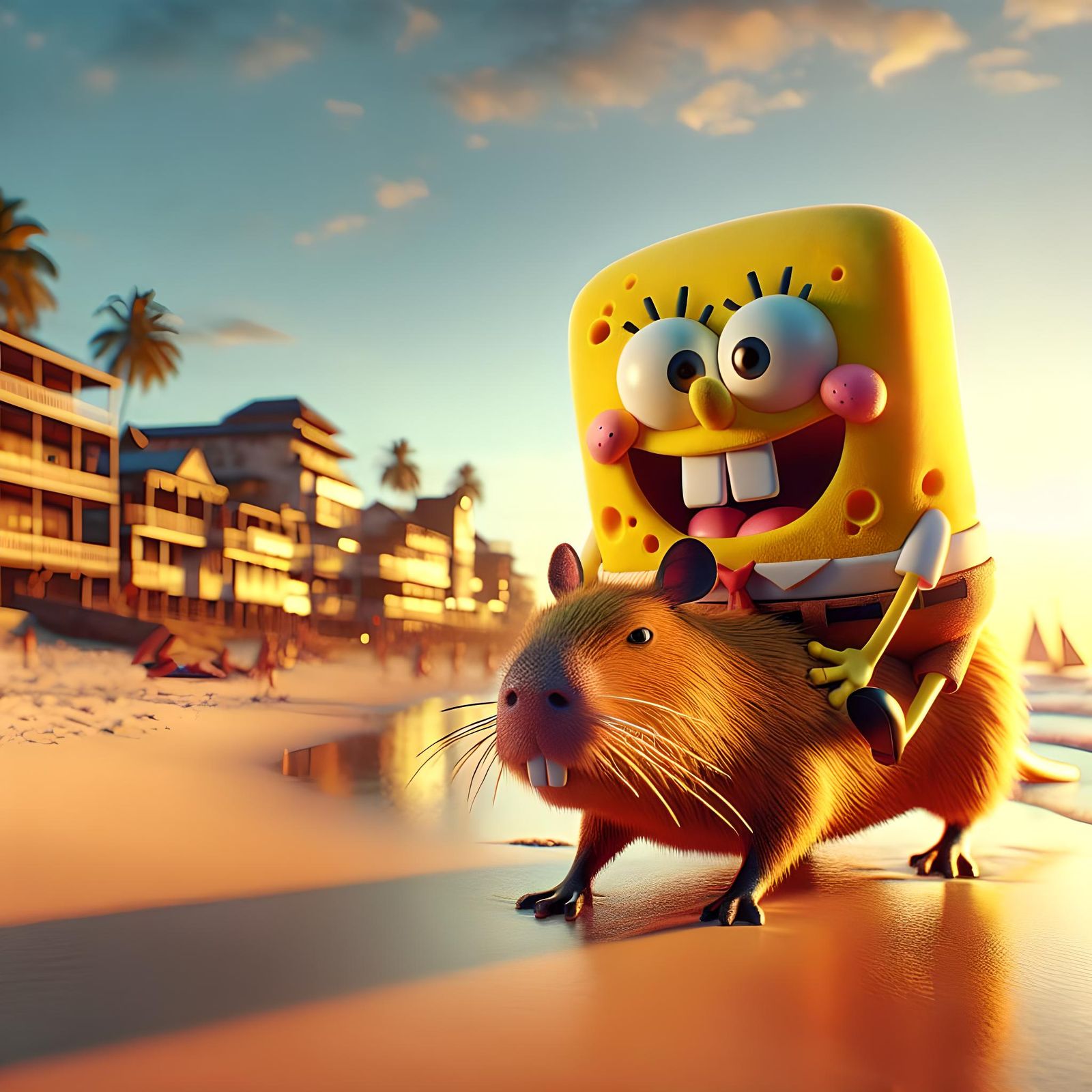 SpongeBob Rides a Capybara on a Miami Beach