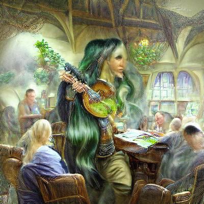 Half-Elf Bard Plays Mandolin in Misty Tavern
