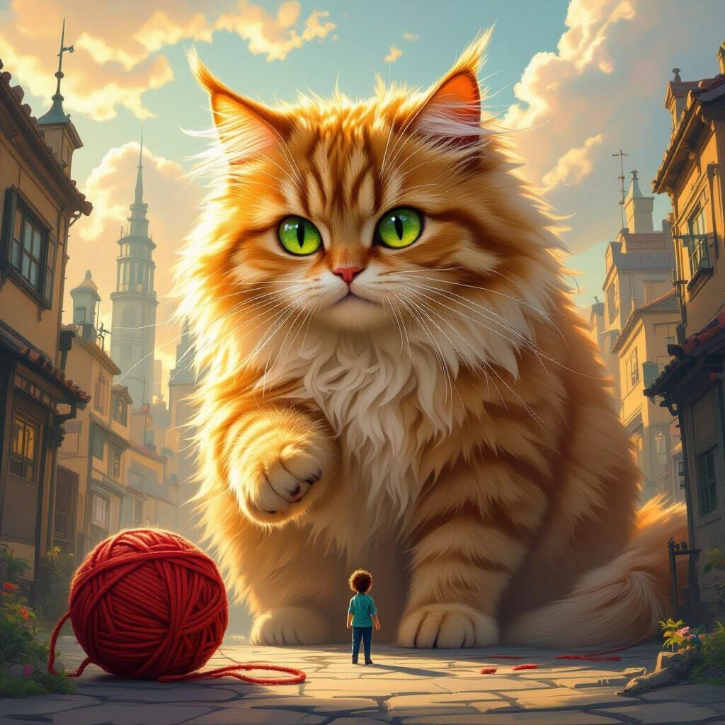 Giant Fluffy Cat Toying with Yarn Over City