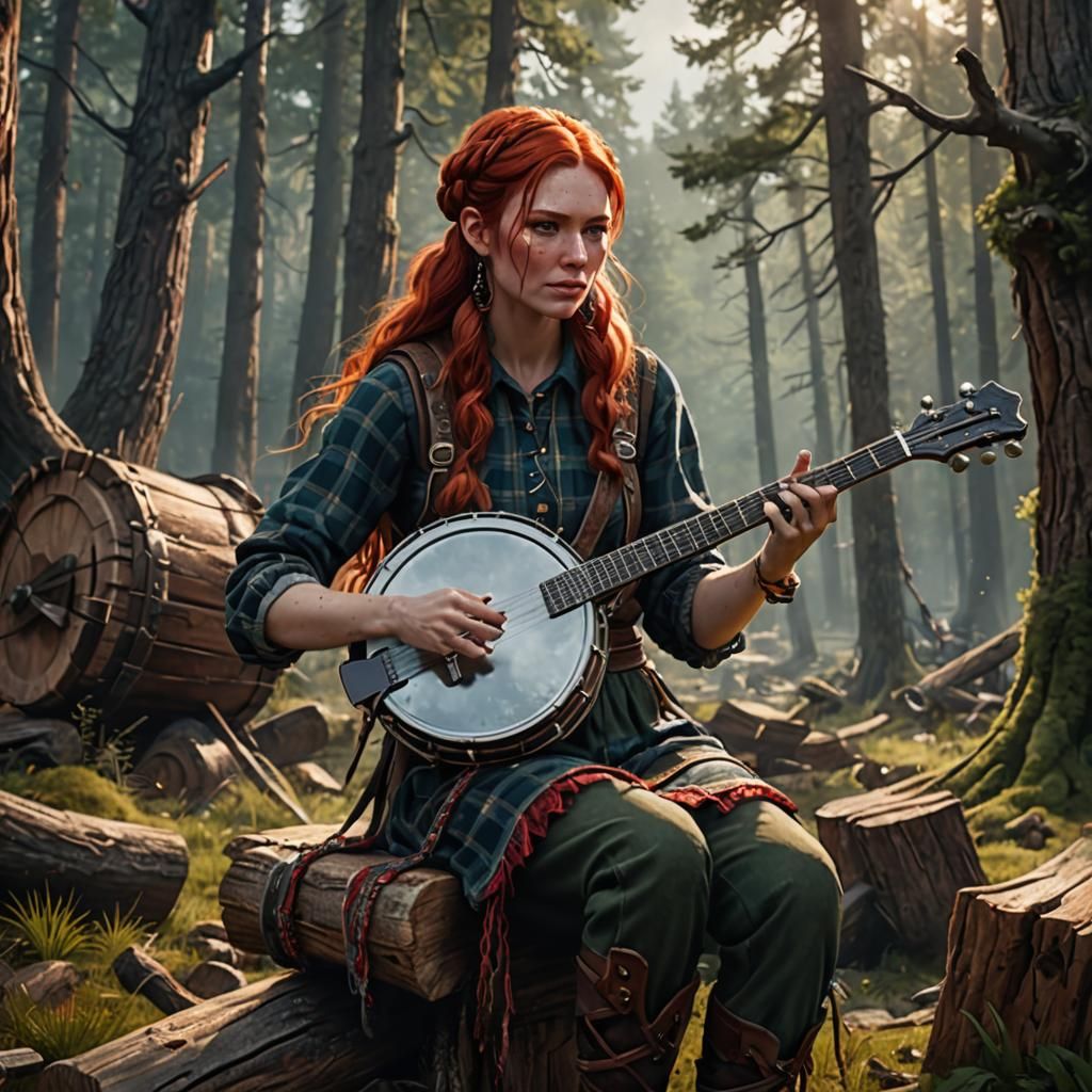 Red-Haired Lumberjack Girl Plays Banjo: Fantasy Art