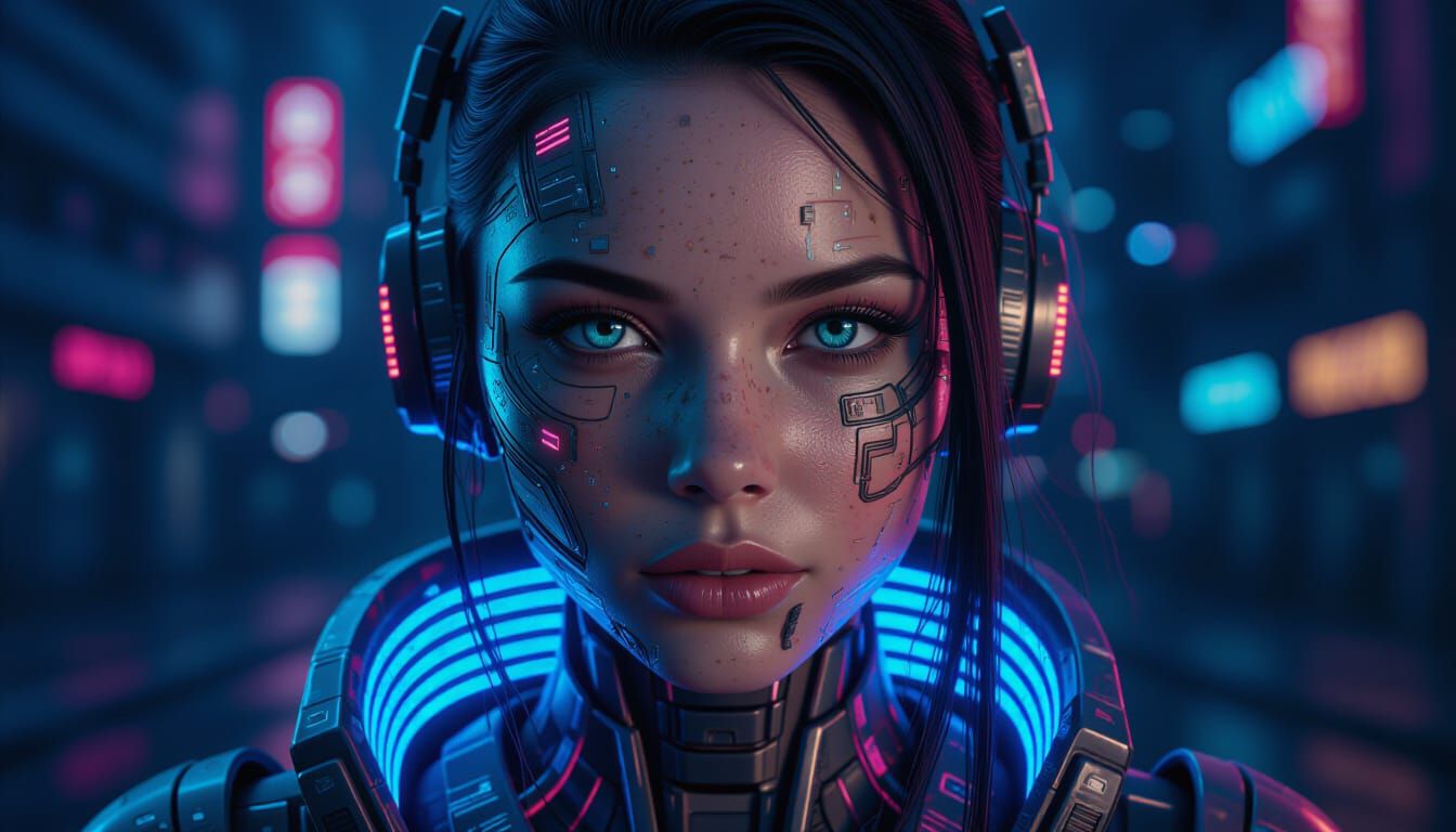Cyberpunk Girl Portrait with Glowing Circuits