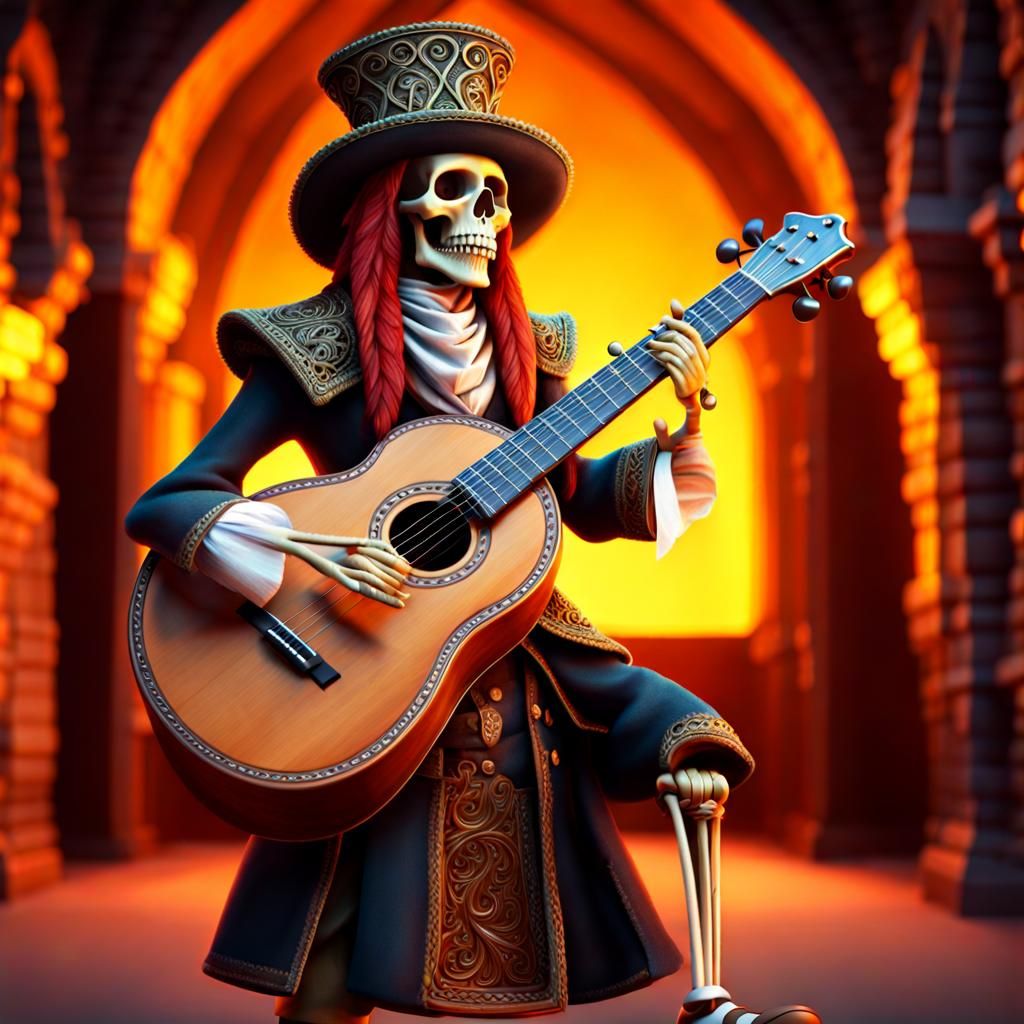 Medieval Skeleton Bard in Vibrant Cartoon Style