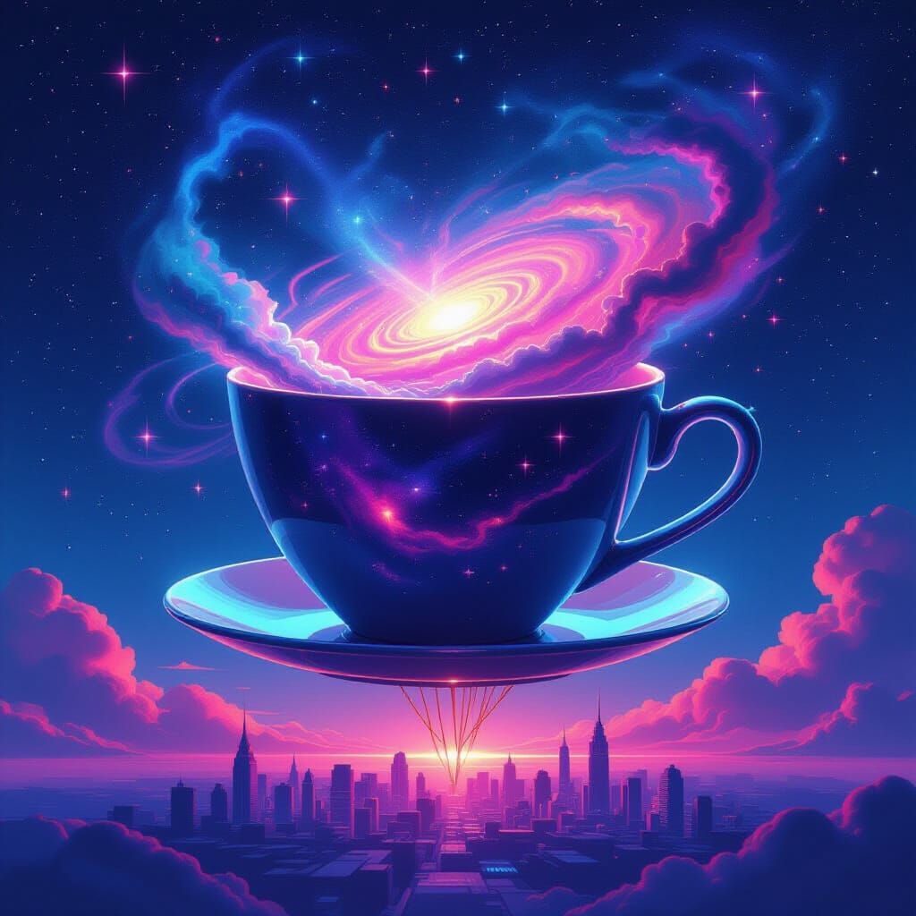 Giant Teacup Galaxy on Spaghetti in Neon Synthwave Style