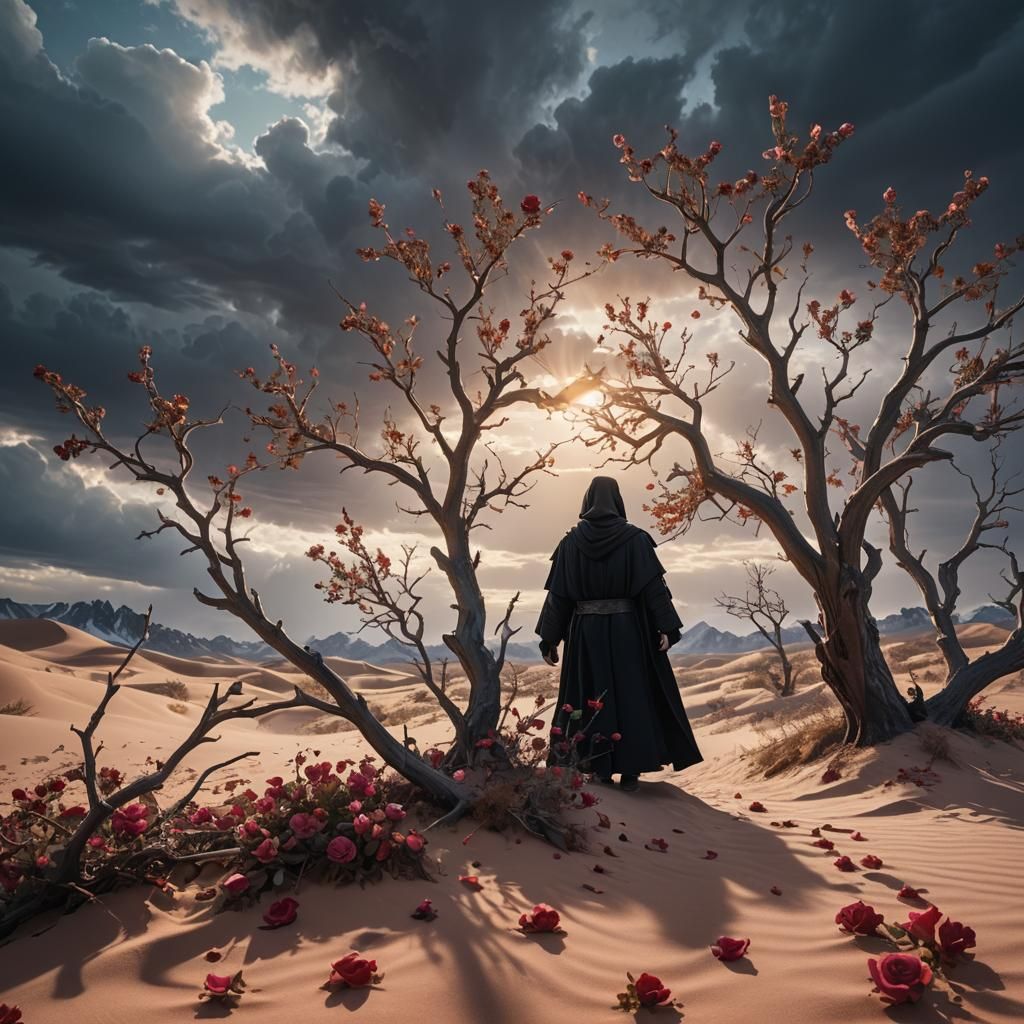 Mystical Figure Between Desert and Frozen Tundra