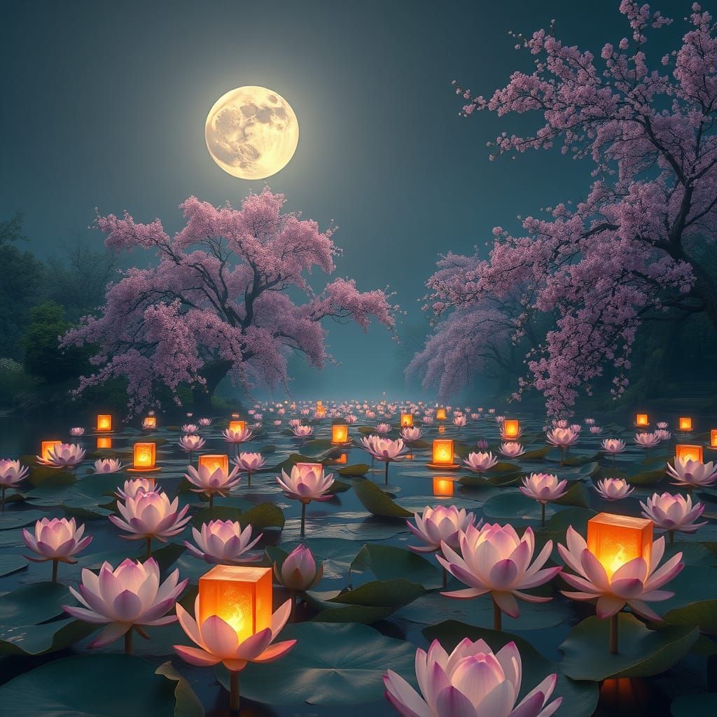 Serene Riverbank by Moonlight in Dreamy, Surreal Style