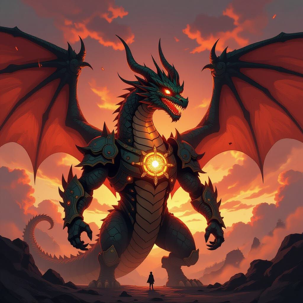Ancient Clockwork Dragon in Fiery Skies