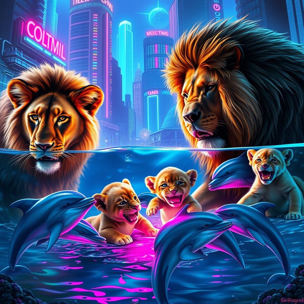 Lions and Dolphins Picnic in Neon Underwater City