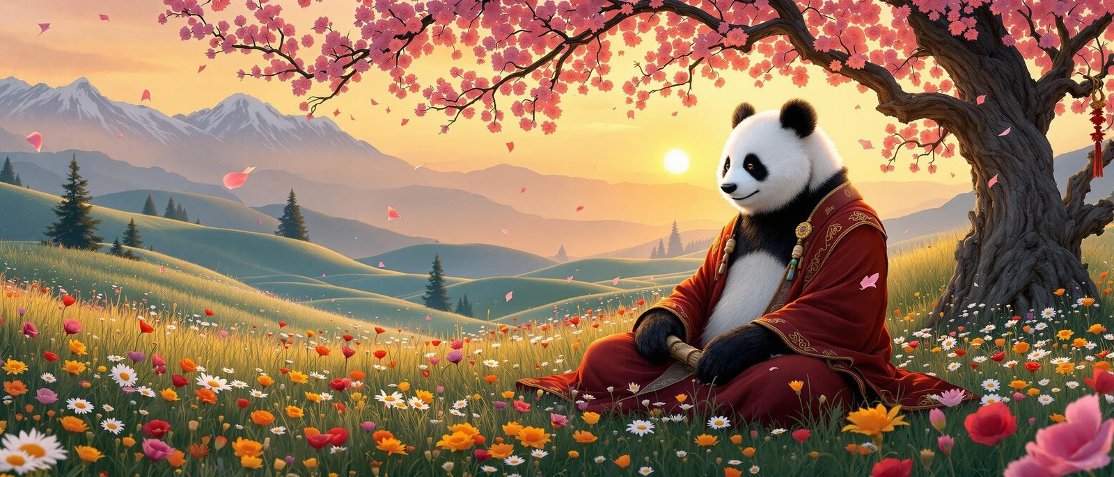 Serene Black-And-White Panda Monk Amidst Cherry Blossoms