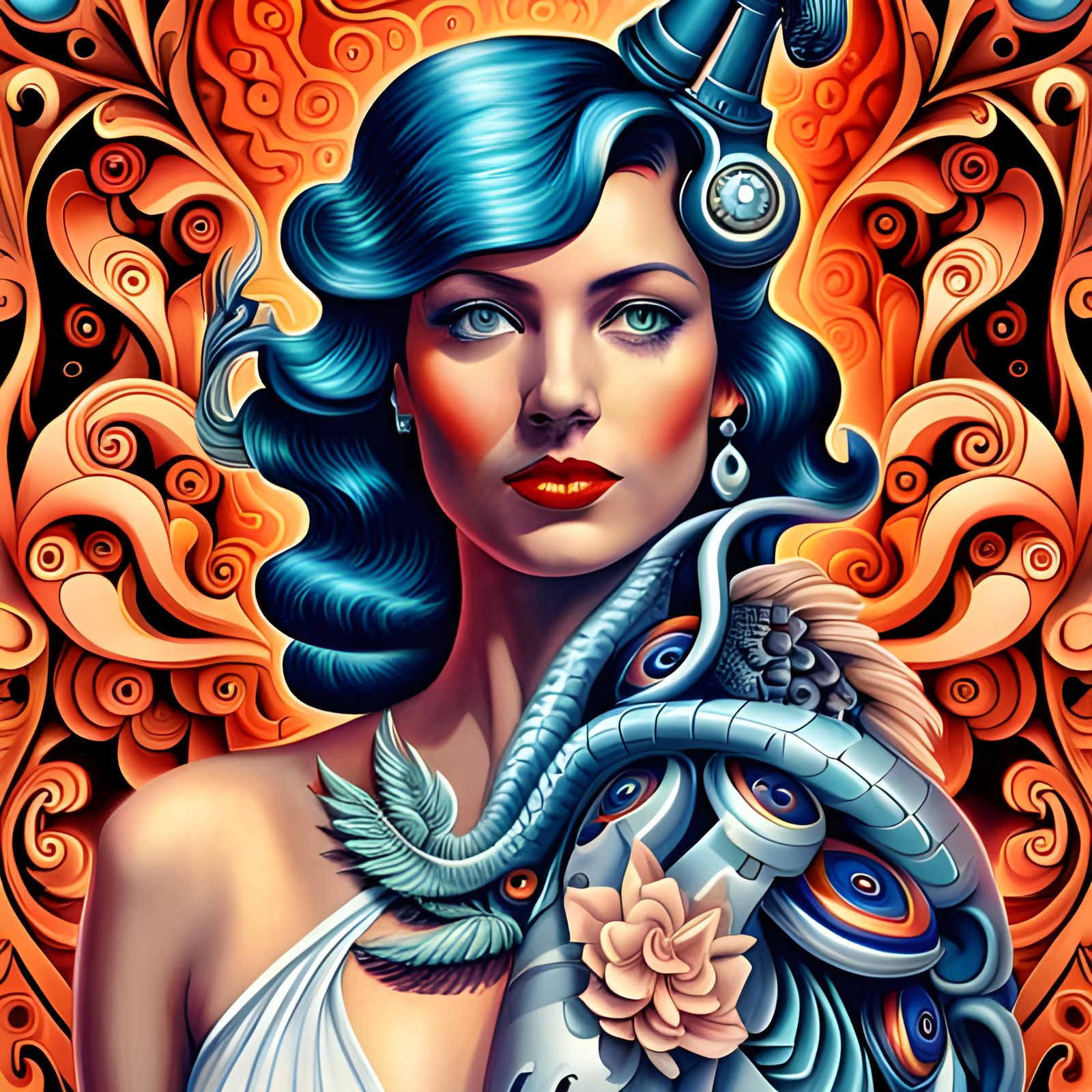 Pinup Goddess with Steampunk Mechanical Flowers