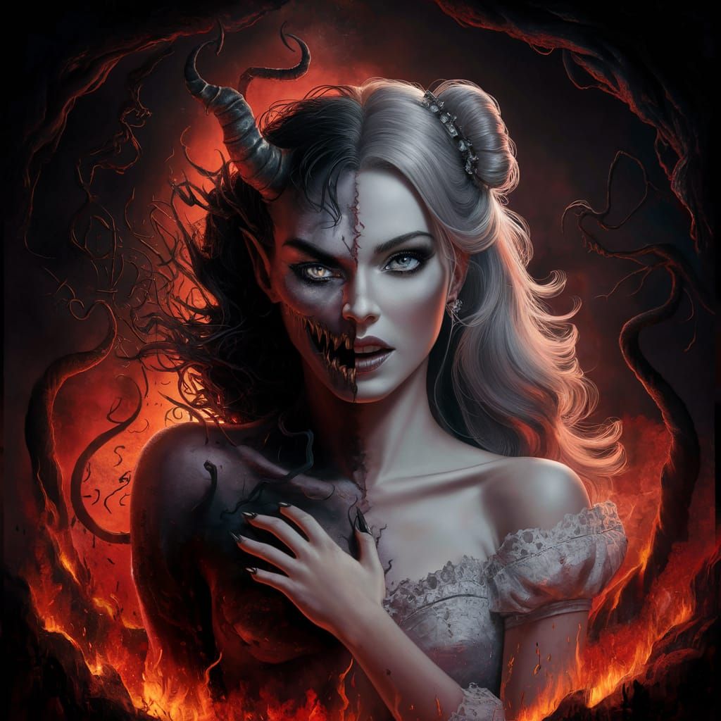 Gothic Woman with Inner Demon in Alcohol Ink Style