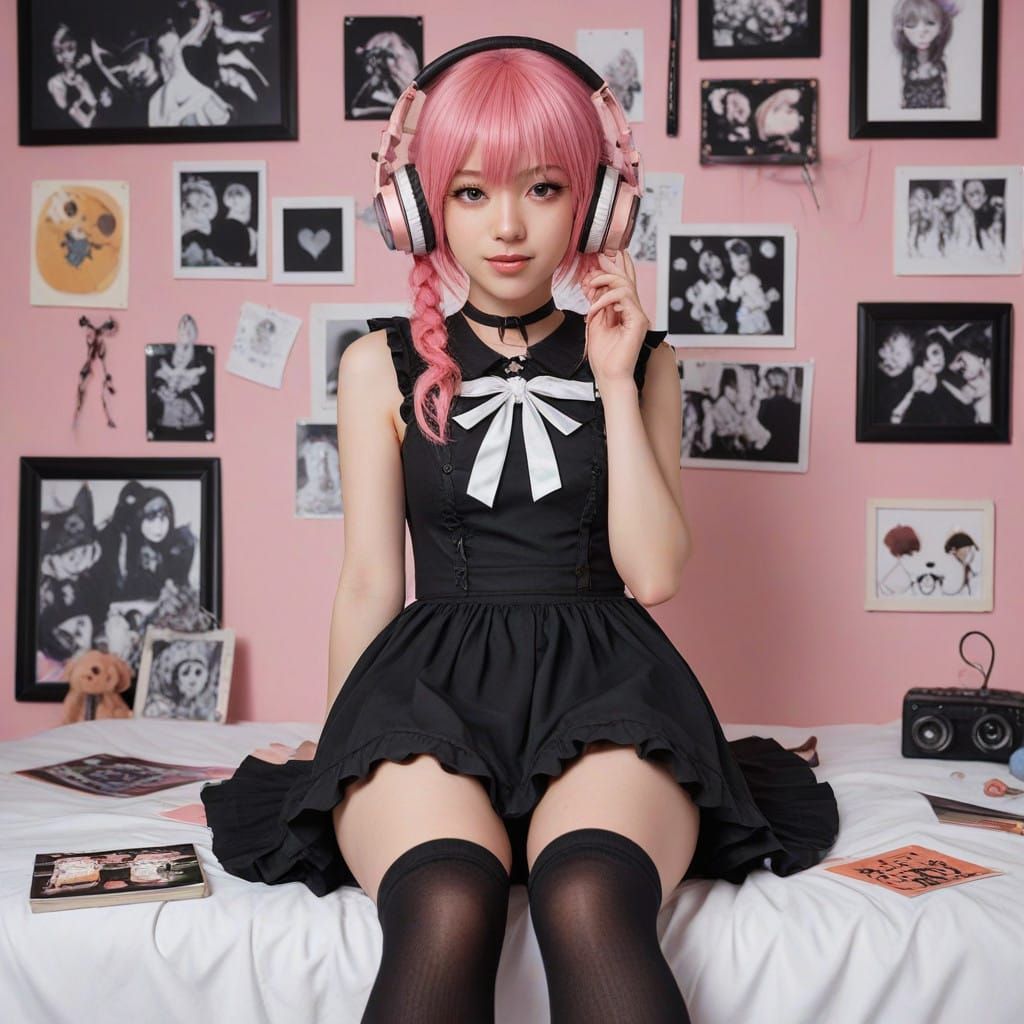 Kawaii Goth Girl in Pastel Pink Hair Wearing Pink Gamer Head...