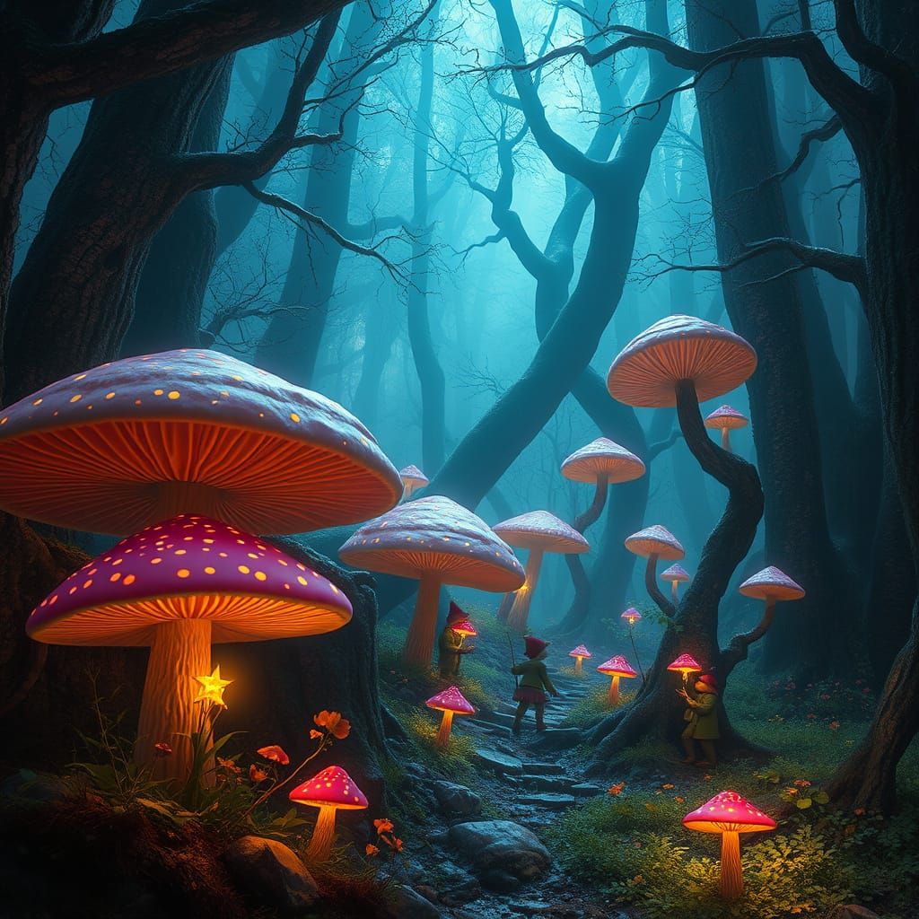 Enchanted Forest with Singing Mushrooms, Fantasy Art