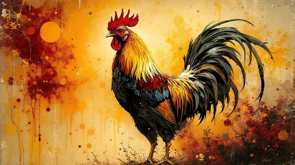 Rooster in Molten Wax Drip Overlay: Encaustic Art