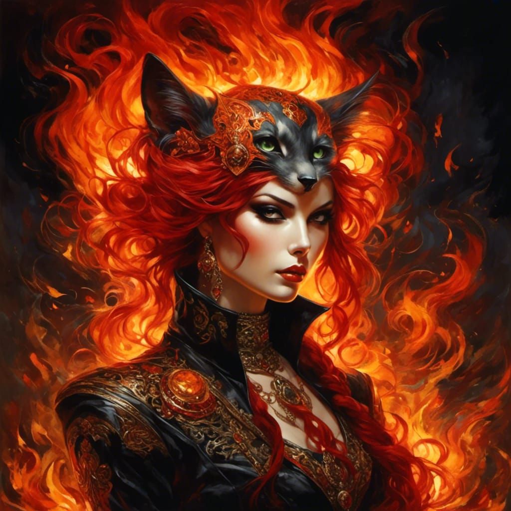 Fiery Neko Girl in Anime Style