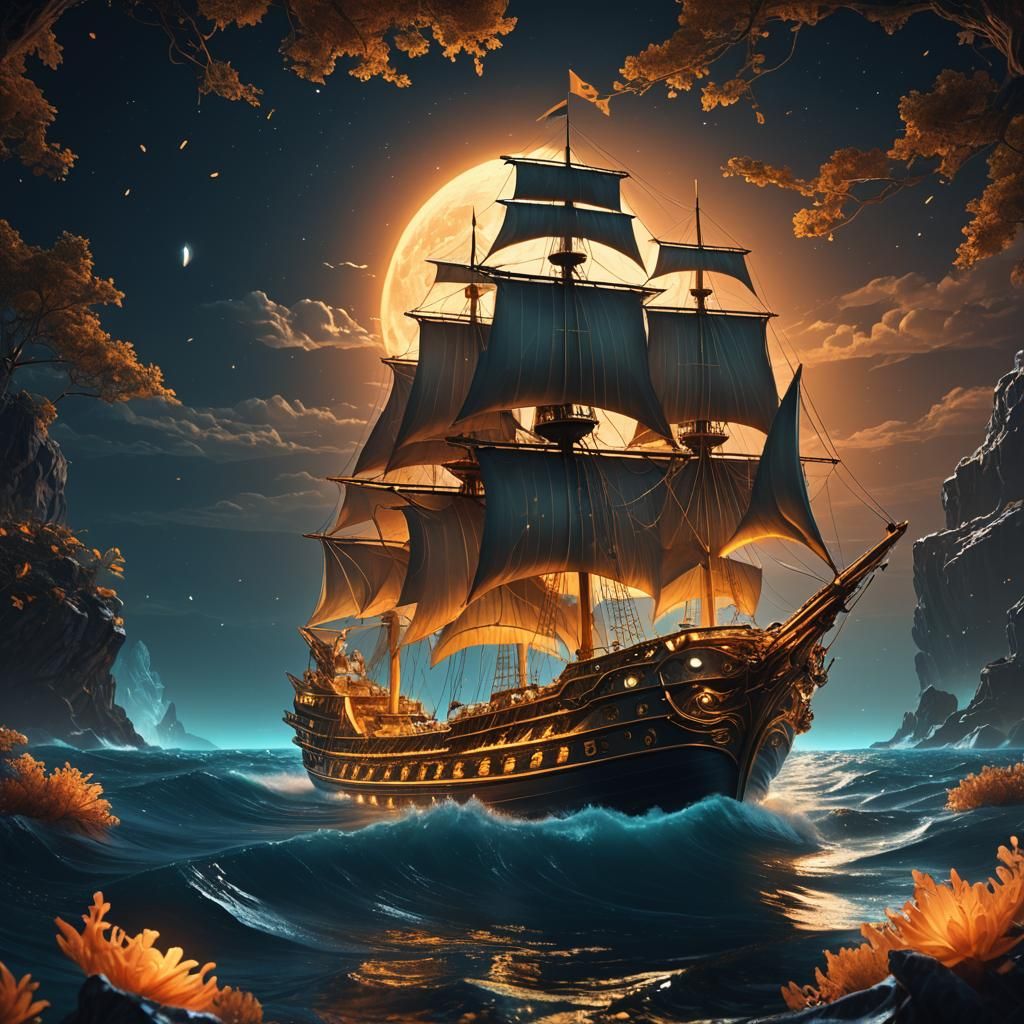 Gold Ship Sailing a Bioluminescent Ocean at Night