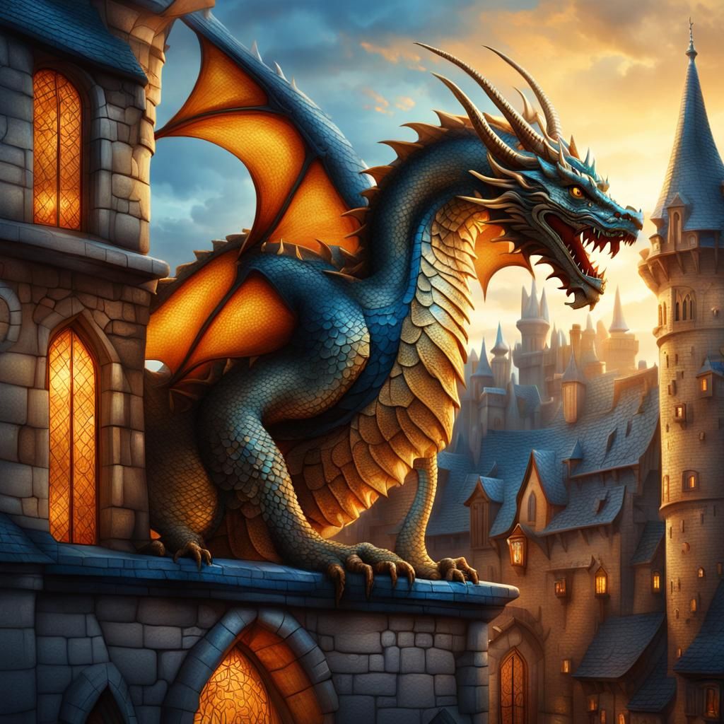 Dragon Coiled Around Medieval City: Manuscript Illumination