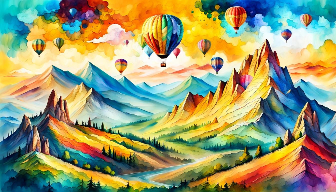 Colorful Hot Air Balloon Over Mountain Landscape as Fantasy ...