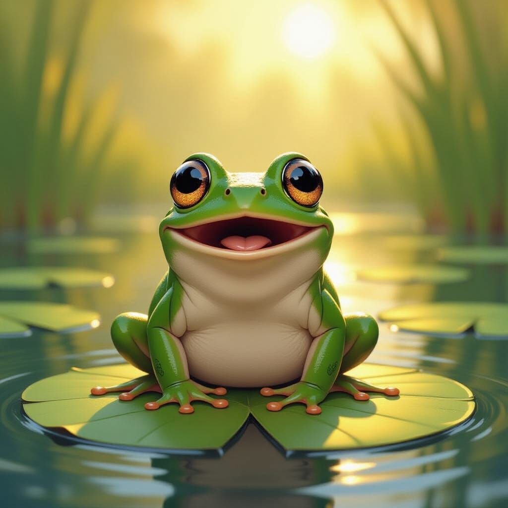 Surprised Frog on Lily Pad in Sunny Pond