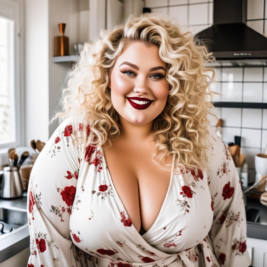 Curvy Woman in Kitchen with Coffee