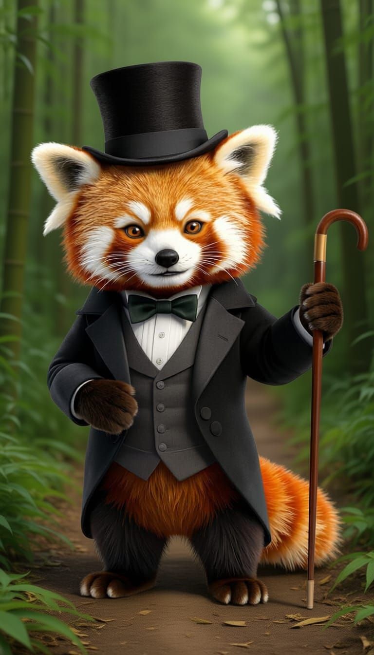Sophisticated Red Panda Gentleman with Top Hat and Cane