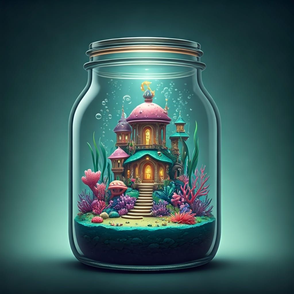 Mermaid Kingdom in Glass Jar: Pixar-Style 3D Render