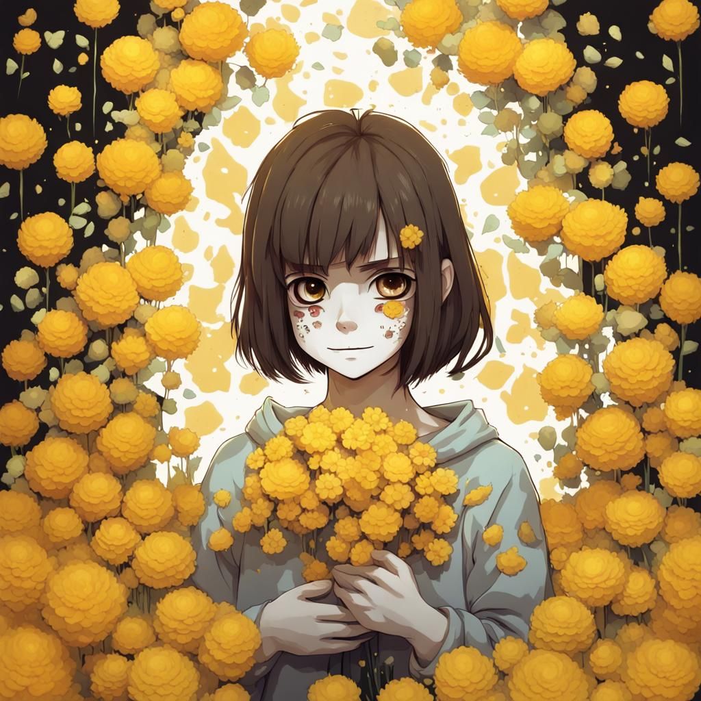 Chara from Undertale Among Golden Flowers in Anime Style