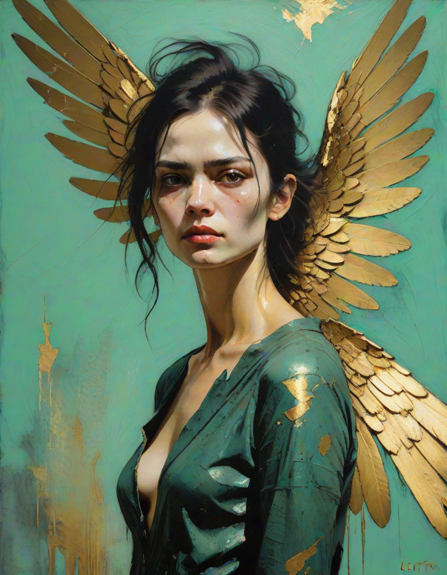 Woman with Wings in Verdigris and Gold