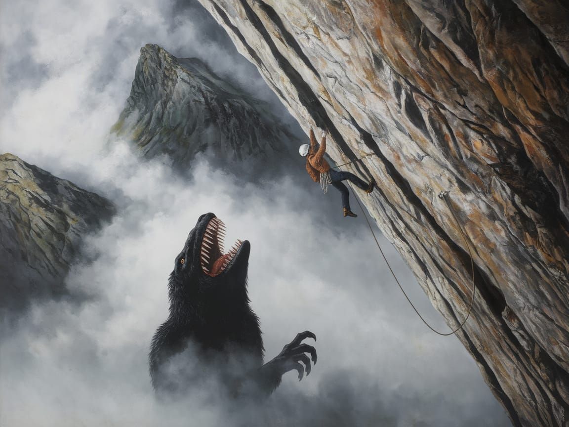 Climber vs Creature on Towering Cliff in Mixed Media